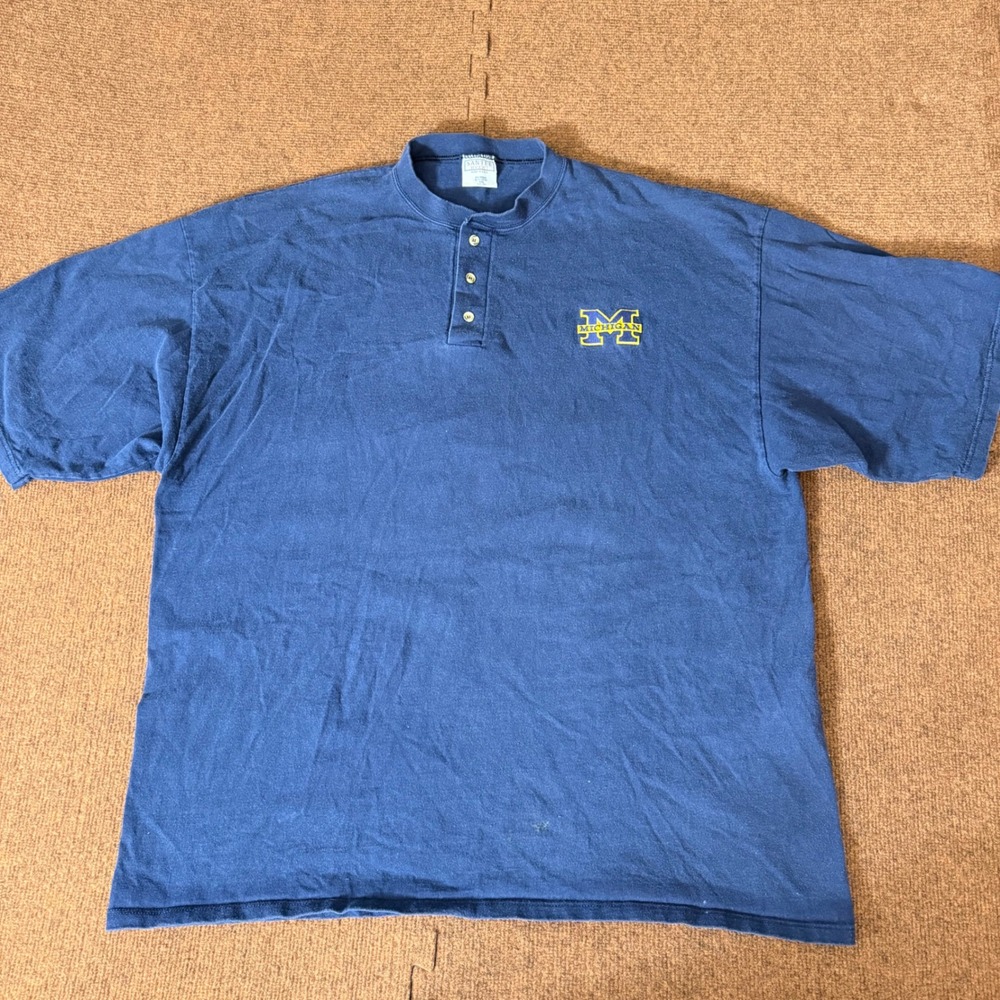 Vintage Santee‎ Heavyweight Michigan Wolverines Henley Shirt Navy Blue XXL USA
